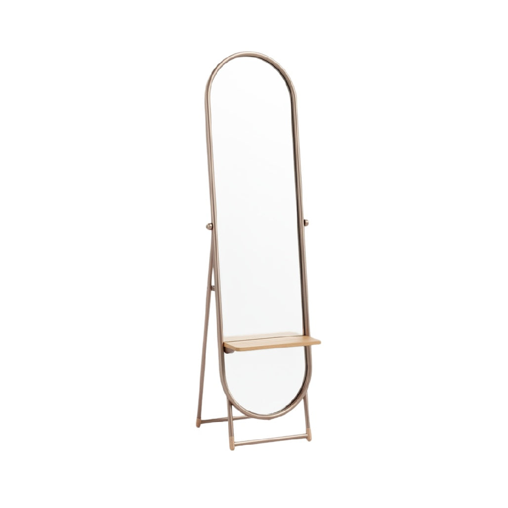 Modern Standing Mirror with Minimalist Design and Wooden Shelf